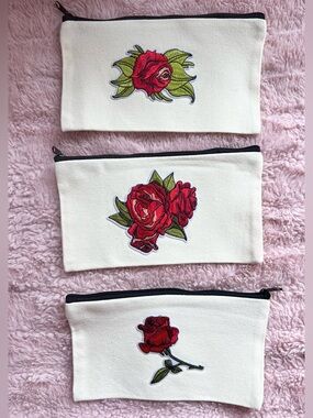 🌹 Set of 3 Canvas Rose-Embroidered Cosmetic Pouches | Beautiful & Romantic 🌹